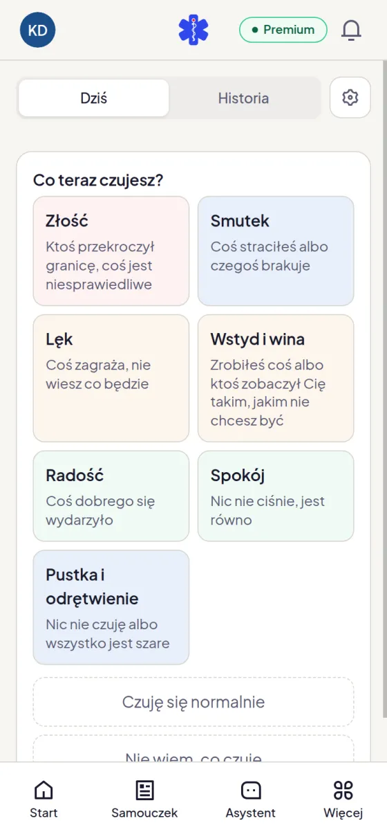 Dzienniczek emocji z wyborem emocji do zapisania