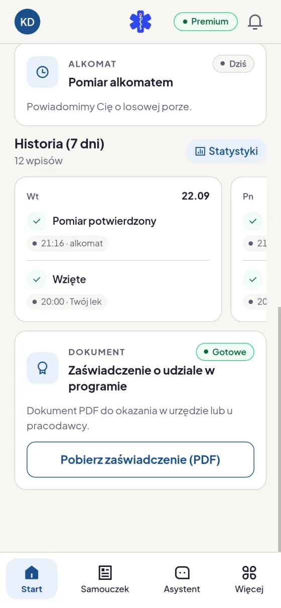 Historia przyjętych dawek i pomiarów alkomatem z oznaczeniem potwierdzonych nagrań