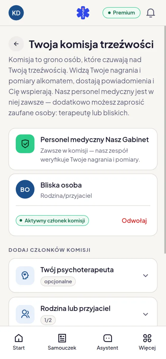 Komisja trzeźwości z personelem poradni, przykładową bliską osobą i opcjami zapraszania członków