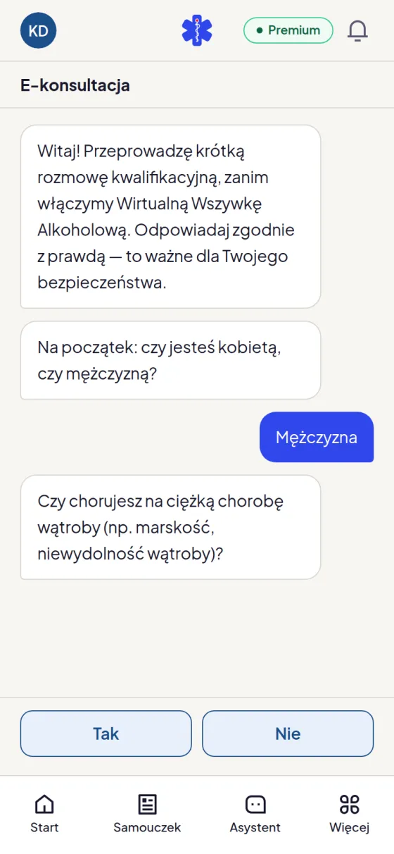 E-konsultacja w aplikacji z pytaniami kwalifikacyjnymi i przyciskami odpowiedzi