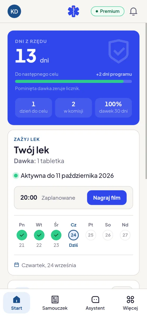 Pulpit aplikacji: plan przyjmowania leku, przycisk Nagraj film i potwierdzone dawki w kalendarzu