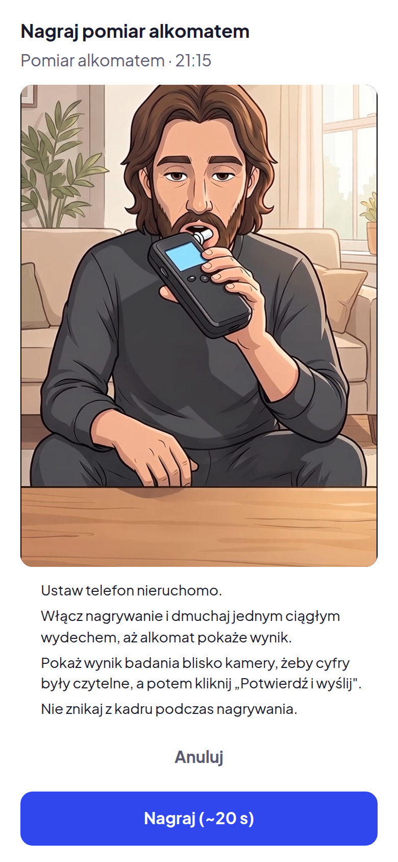 Podgląd nagrywania pomiaru alkomatem w aplikacji