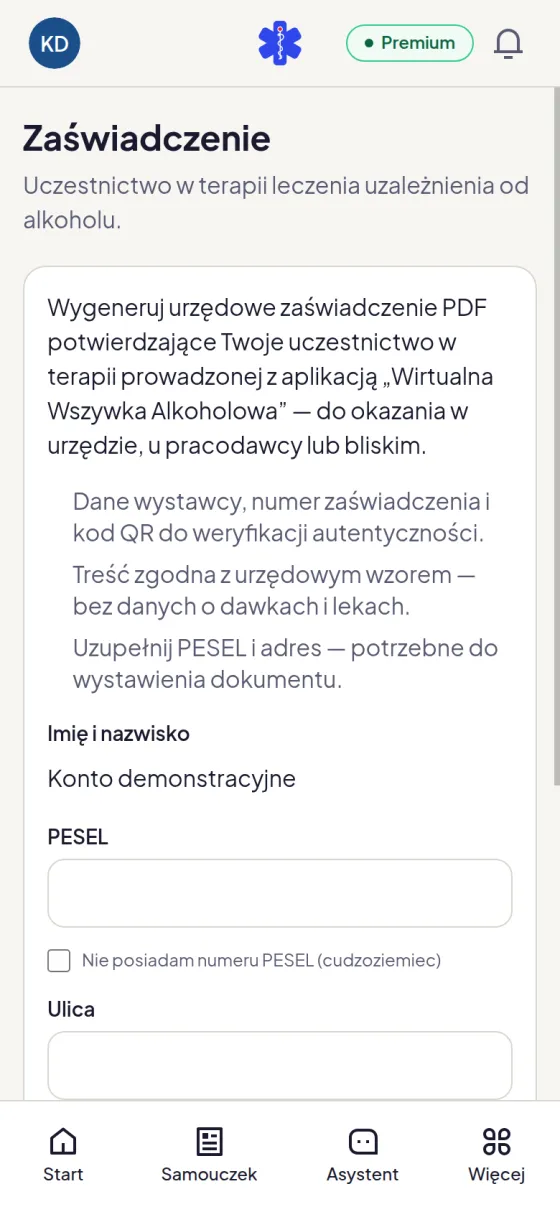 Ekran zaświadczenia o udziale w terapii z opisem dokumentu i formularzem danych